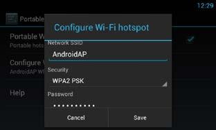 Postavke mreže Postavljanje opcije Wi-Fi Hotspot 5 Dodirnite [Configure Wi-Fi hotspot] (konfigurirajte Wi-Fi hotspot). Ukoliko nema Wi-Fi pristupne točke, ovaj uređaj postaje Wi-Fi pristupna točka.