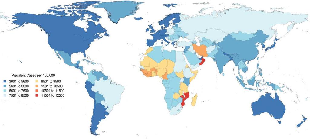 Slika 1. Globalni prikaz raspodele ukupnog broja obolelih od KVB. Preuzeto iz: Roth GA, Johnson C, Abajobir A, Abd-Allah F, Abera SF, Abyu G, Ahmed M, Aksut B, Alam T, Alam K, Alla F.