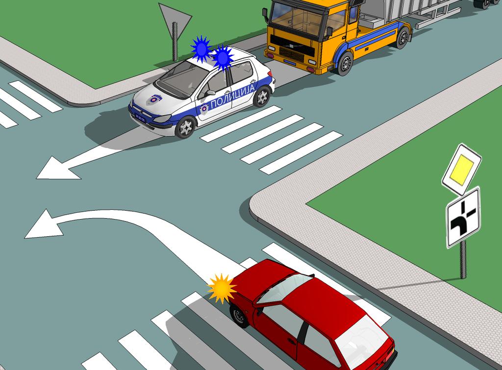 Возач теретног возила у ситуацији на слици: а) дужан је да пропусти путничко возило.................... б) има предност проласка у односу на путничко возило.