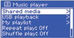 u režimu pojavi "Music Player", odaberite Shared Media Ako već reproducirate neki naslov, pritisnite BACK za povratak korak unatrag u ponudi MENU. Pritisnite tipku / za odabir željenog naslova.