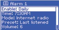 Vrijeme buđenja Režim: zvučni signal, internet radio, DAB i FM Radio alarm: posljednja preslušavana stanica ili 1-10 Glasnoća: 0 - maks.