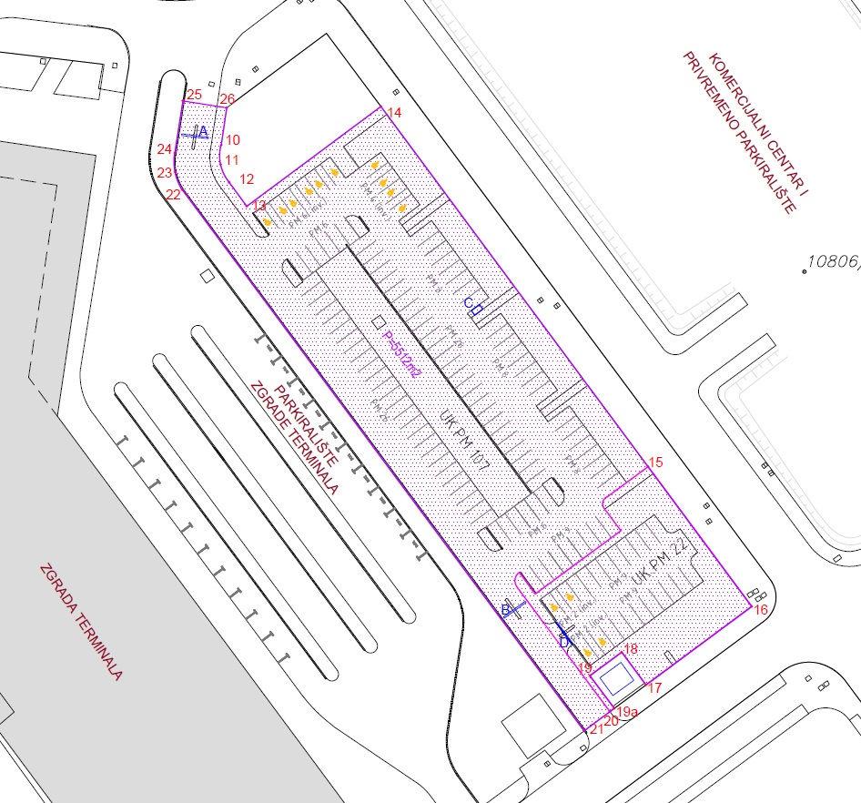 28 Prostor A - ZONA 1 Ljubičastom bojom označen je obuhvat prostora koncesije parkirališnog prostora ispred zgrade terminala (A - zona 1) s ukupno 129 parkirnih mjesta.