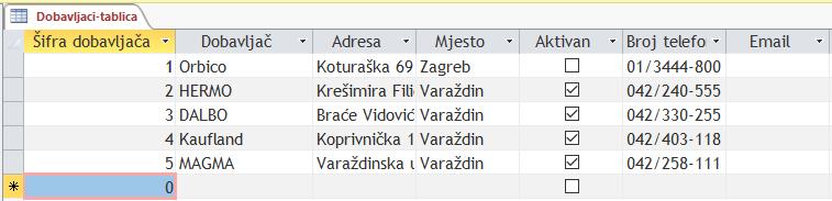 U poljima, odnosno stupcima, nalazi se druga vrsta podataka kao što je ime i prezime, vrsta zaposlenja, šifra zaposlenika, datum rođenja, korisničko ime i da li je zaposlenik trenutno aktivan.