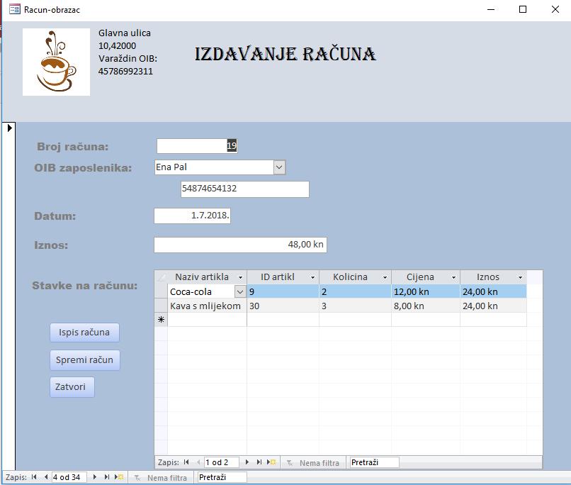 Slika 7:Obrazac Izdavanje računa Obrazac je izrađen na način da omogućuje upisivanje konobara koji izdaje račun ili prema upisivanju OIB-a ili izboru imena iz padajuće liste pa se OIB automatski