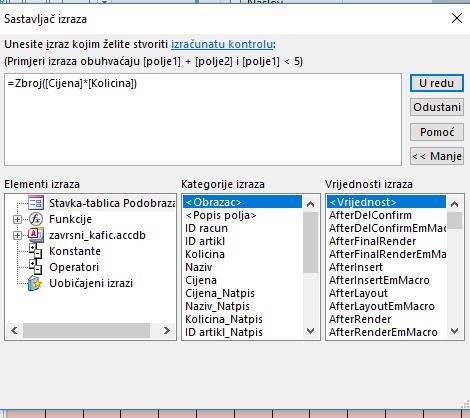 Nakon toga dodaje se količina, a cijena se upisuje automatski iz tablice Artikli. Konačan iznos računa se upisuje ispod datuma uz pomoć Sastavljača izraza.