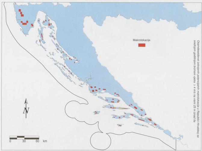 Slika 1. Potencijalne lokacije vjetroelektrana u Hrvatskoj 6 Iz karte je vidljivo kako obalni prostor Hrvatske ima veliki vjetropotencijal.