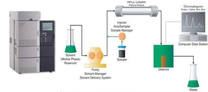 HPLC kolona kromatogram ubrizgavač otapalo (mobilna faza) pumpa uzorak detektor računalo sa podacima otpad Slika 11. HPLC uređaj [24].