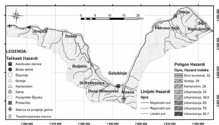 Сл. 3. Карта хазарда Националног парка Ђердап Fig. 3. Hazard map of National park Djerdap Карта ризика од загађивања подземних вода Националног парка добијена је спајањем карте рањивости и карте потенцијалних загађивача (Слика 4).