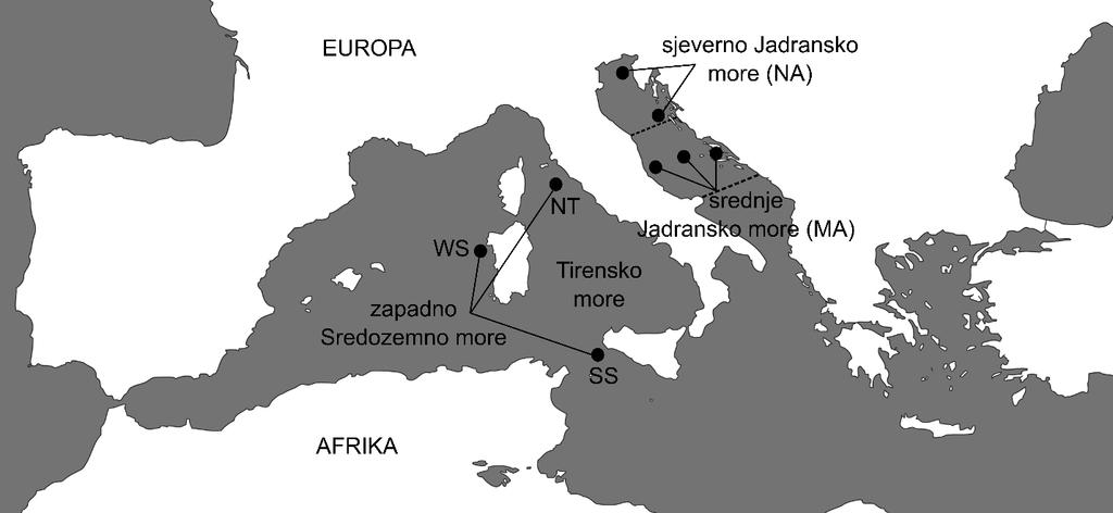 Metode i materijal Slika 3.1 Karta Sredozemnog mora na kojoj su označena uzorkovana geografska područja.