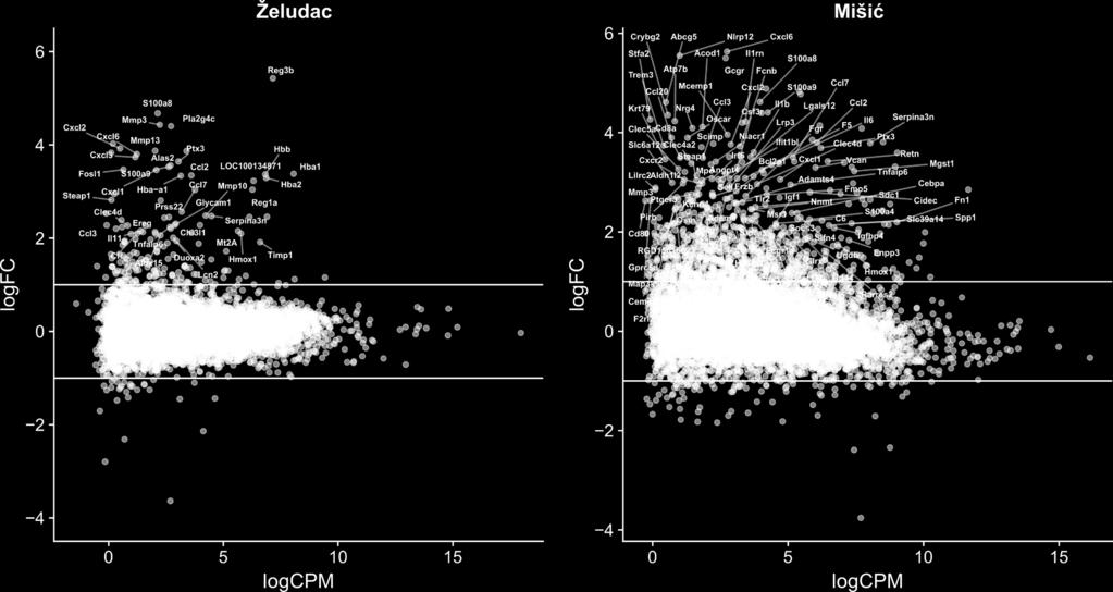 Rezultati Slika 4.4 Vizualizacija odnosa između logaritma omjera izražaja gena u tkivima štakora zahvaćenima prodorom A.