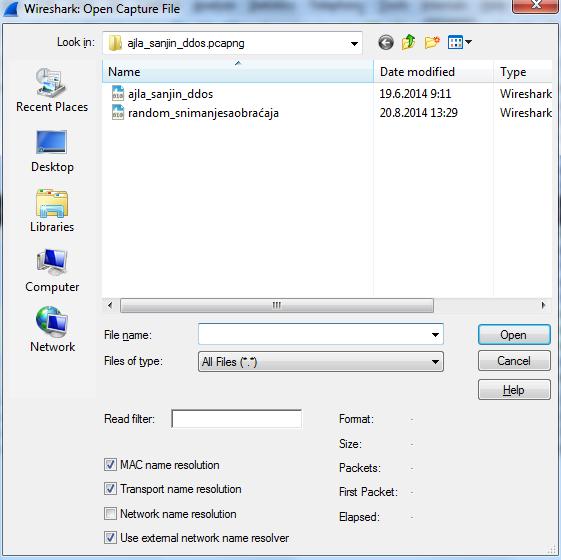 Slika 5: Open Capture File prozor na Microsoft Windows operativnom sistemu Wireshark podržava više formata za izvoz podataka.