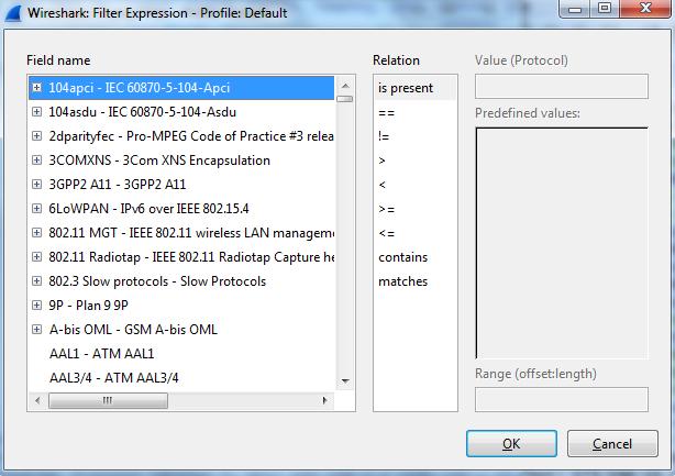 Slika 9: Filter Expression prozor u Wireshark-u Wireshark omogućava pronalazak uhvaćenog paketa