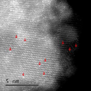 Slika 4.3: Slika dobivena HAADF na uzorku TiO 2-1%Sm. Crvenim strelicama su označene najizraženije lokalno svjetlije točke prepoznate kao atomi Sm. 4.2 Kristalna struktura TiO 2 filma Za proučavanje kristalne strukture TiO 2 filmova korištena je Ramanova spektroskopija.