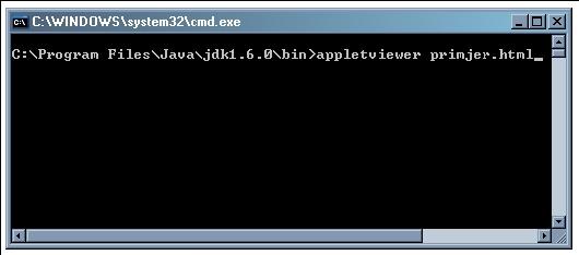 Slika 3.3. Pokretanje Java appleta iz komandnog promta 3.7. Upute za korištenje appleta U ovom dijelu govorit ćemo o načinu korištenja appleta. Applet se sastoji od tri dijela (Slika 3.4.).