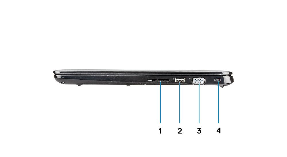 1 Konektor za napajanje 2 Svetlo za status baterije 3 USB 3.1 Gen 1 tipa C sa tehnologijom Power Delivery i DisplayPort 4 HDMI 1.4 port 5 Mrežni port 6 USB 3.