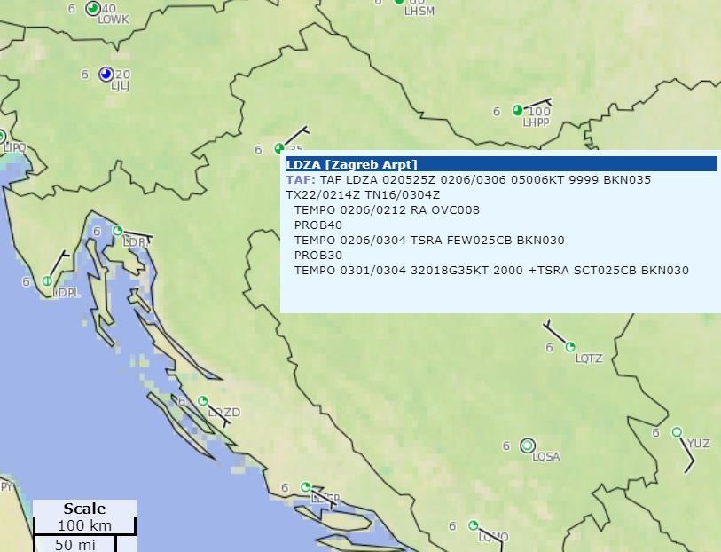 Slika 11.: TAF prognoza za Međunarodnu zračnu luku Zagreb Izvor: Aviation Weather Center, https://www.aviationweather.gov/taf (5.9.2018.