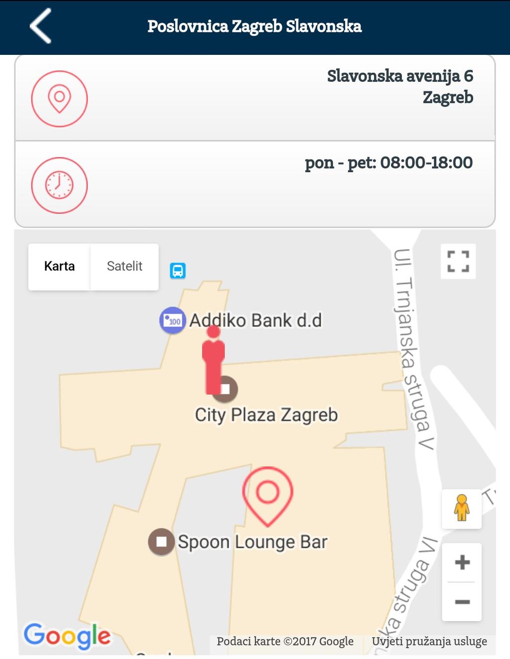 Pritiskom na "Pregled karte" prikazat će Vam se 20 najbližih bankomata i poslovnica Banke u odnosu na lokaciju gdje se
