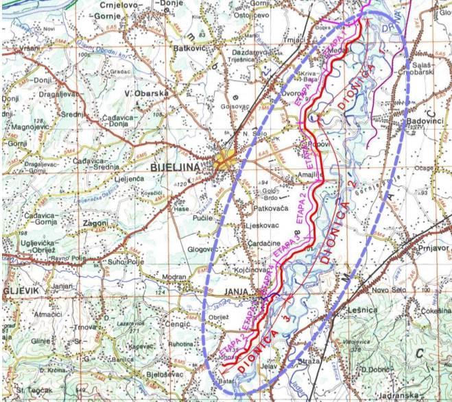 1.2. Koridor uticaja planiranog projekta Dispozicija trase nasipa na lijevoj obali rijeke Drine, ide od Balatuna, gdje se nadovezuje na desni nasip Glavnog obodnog kanala Selište, pa uzvodno do