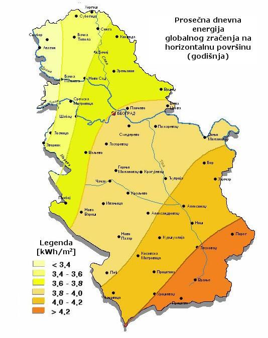 Slika 3-18 i 3-19: Prosečna godišnja dnevna energija globalnog zračenja na horizontalnu i nagnutu površinu Preko 55% od ukupne energije koja se troši u domaćinstvima u Srbiji se vrši korišćenjem