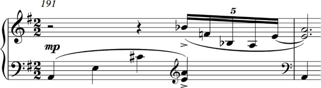 početak T2 u motivu a - v. br. 20; klavir umjesto triola svira kvintole, Pr. 1.18) Primjer 1.