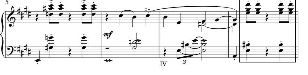 3. tema također ima pentatonski prizvuk, iako je pisana u E-duru. Zanimljivo je uočiti da je II.st. koncerta sličnog karaktera, a pisan je i u istom tonalitetu (veliki br. 7).