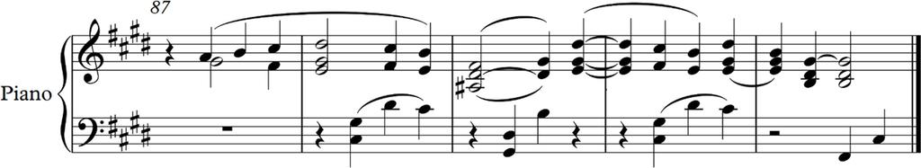 28 U B dijelu Ravel je dotaknuo paralelni tonalitet, ali u a' dijelu druge teme ponovno smo u toničkoj sferi, u E-duru.