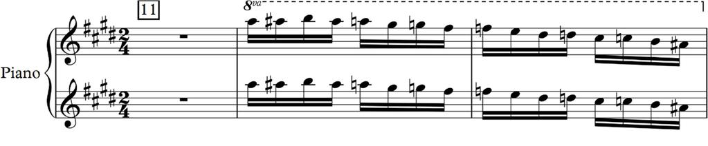U velikom br. 9 klavir iznosi T3 s time da mu se u drugom dijelu (T3b) pridružuje piccolo. Od velikog br. 10-13. traje most, dio u kojem je jedini poznat materijal motiv 1.