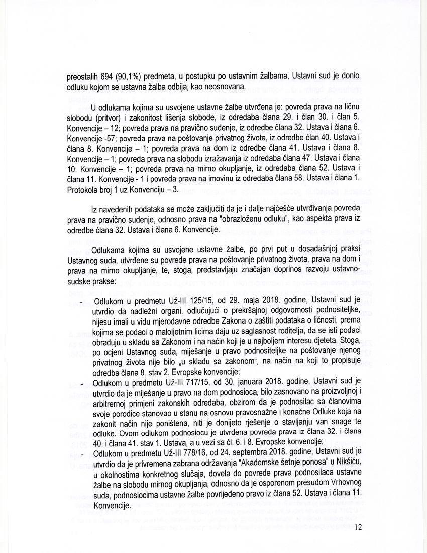 preostalh 694 (90,1%) predmeta, u postupku po ustavnm žalbama, Ustavn sud je dono odluku kojom se ustavna žalba odbja, kao neosnovano u odlukama kojma su usvojene ustavne žalbe utvrdena je: povreda