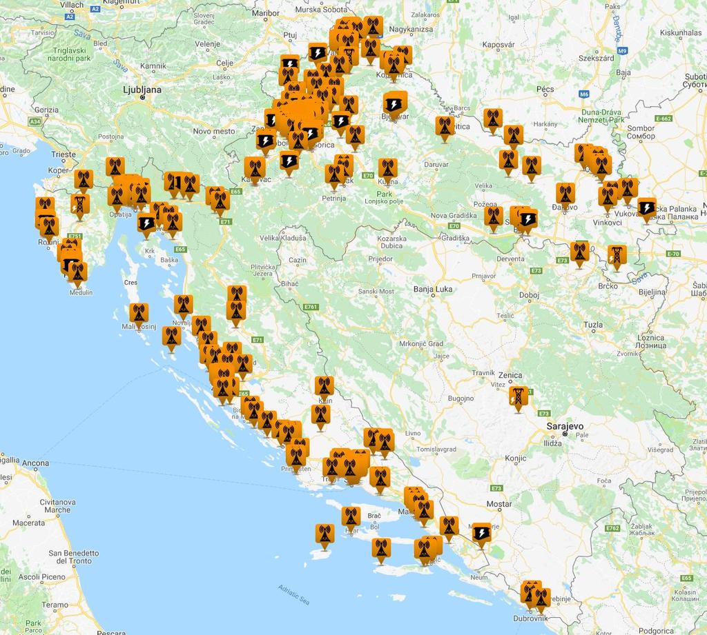 Slika 20: Prikaz baznih stanica u Hrvatskoj u 2018. godini, [42] Kao što je već spomenuto, zračenje baznih stanica odnosno antena regulirano je različitim pravilnicima.