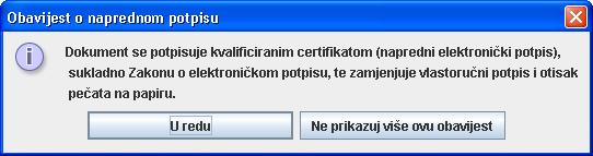 Odabir certifikata Pošto certifikat nije odabran na početnom ekranu (Slika 94.