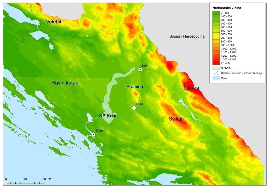 Sl. 2. Položaj Nacionalnog parka Krka u odnosu na susjedne reljefne oblike. Izvor: Digitalni atlas (2005); SRPJ (2013). Najvrjednije bogatstvo Nacionalnog parka Krka je rijeka Krka.