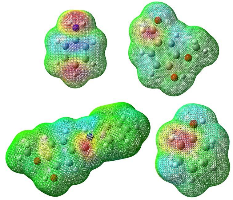 Слика 31. HOMO-Мапа анилина (горе лево) и LUMO-мапа ванилина (горе десно). LUMO-Мапа иминијум јона (доле лево) и HOMO-мапа енола (доле десно).