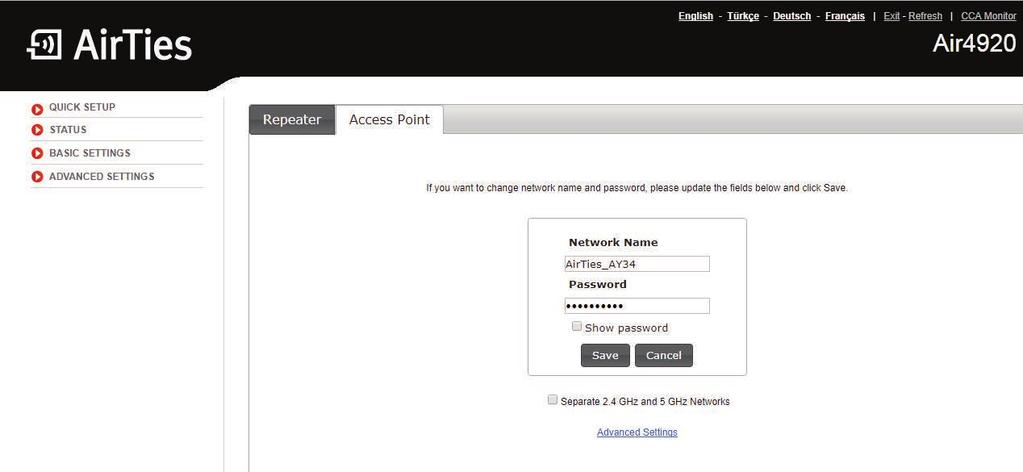 Nakon odabira opcije Quick Setup, otvara se nova stranica (slika 5.) na kojoj možete jednostavno unijeti novi željeni naziv mreže (Network Name) i lozinku (Password).