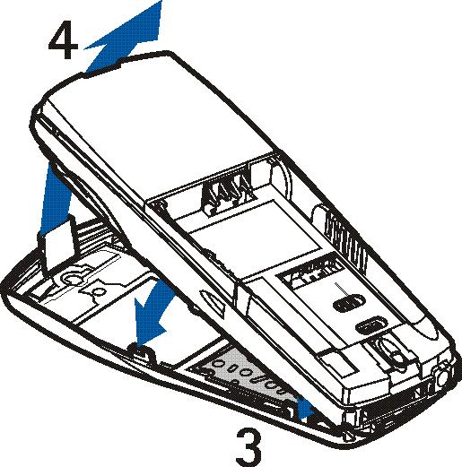 4. Da biste zamijenili prednji pokrov, najprije umetnite zapore na donjem dijelu pokrova u odgovarajuæe utore na telefonu (3), a zatim zapor na vrhu pokrova lagano pogurnite u utor na vrhu telefona
