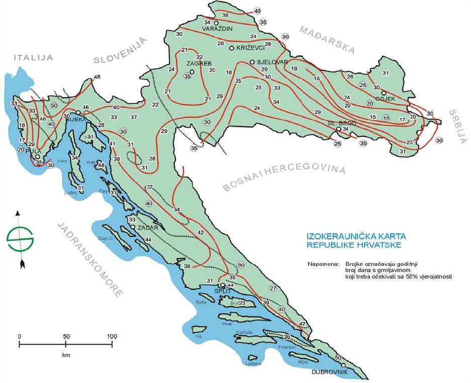 Slika 4-3 Izokeraunička karta Republike Hrvatske Statistike šteta (na elektroničkim sustavima i uređajima) osiguravajućih društava pokazuju da su upravo prenaponi nastali udarom groma najčešći uzrok