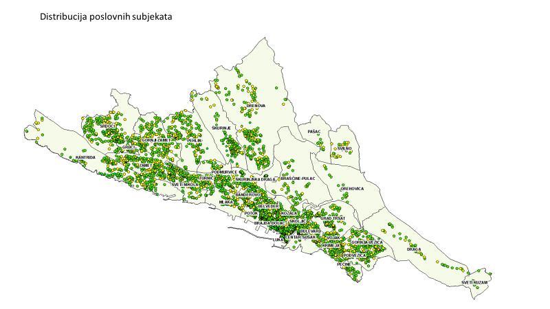Slika 3-3 Distribucija registriranih poslovnih subjekata na području grada Rijeke (Izvor: obrada autora) Osim procjene broja privatnih i poslovnih korisnika, prilikom planiranja razvoja širokopojasne