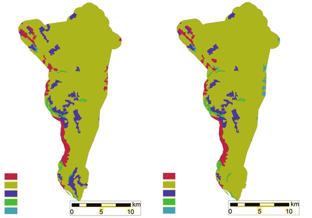 Slika 3.2-11 prikazuje prostornu distribuciju tipova zemljišnog pokrova (prateći LULUCF matricu zemljišta) na pilot području (Park prirode Učka) 1980. i 2006. godine. Slika 3.