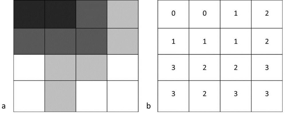 za uglove 90 o (vertikalni parovi susednih piksela), kao i 45 o i 135 o (dijagonalni parovi susednih piksela). Slika 16. Primer interesnog regiona veličine 4x4 rezolucione jedinice (a).