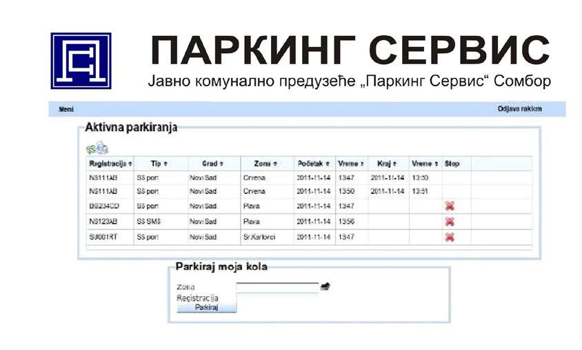 Слика 2: Листа активних паркирања Након уношења корисничког имена и лозинке отвара се листа активних паркирања.