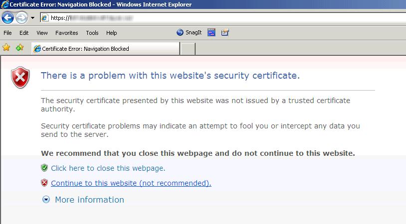 Internet Explorer 7.0+ пријављује проблем са сигурносним сертификатом сајта студентских сервиса.