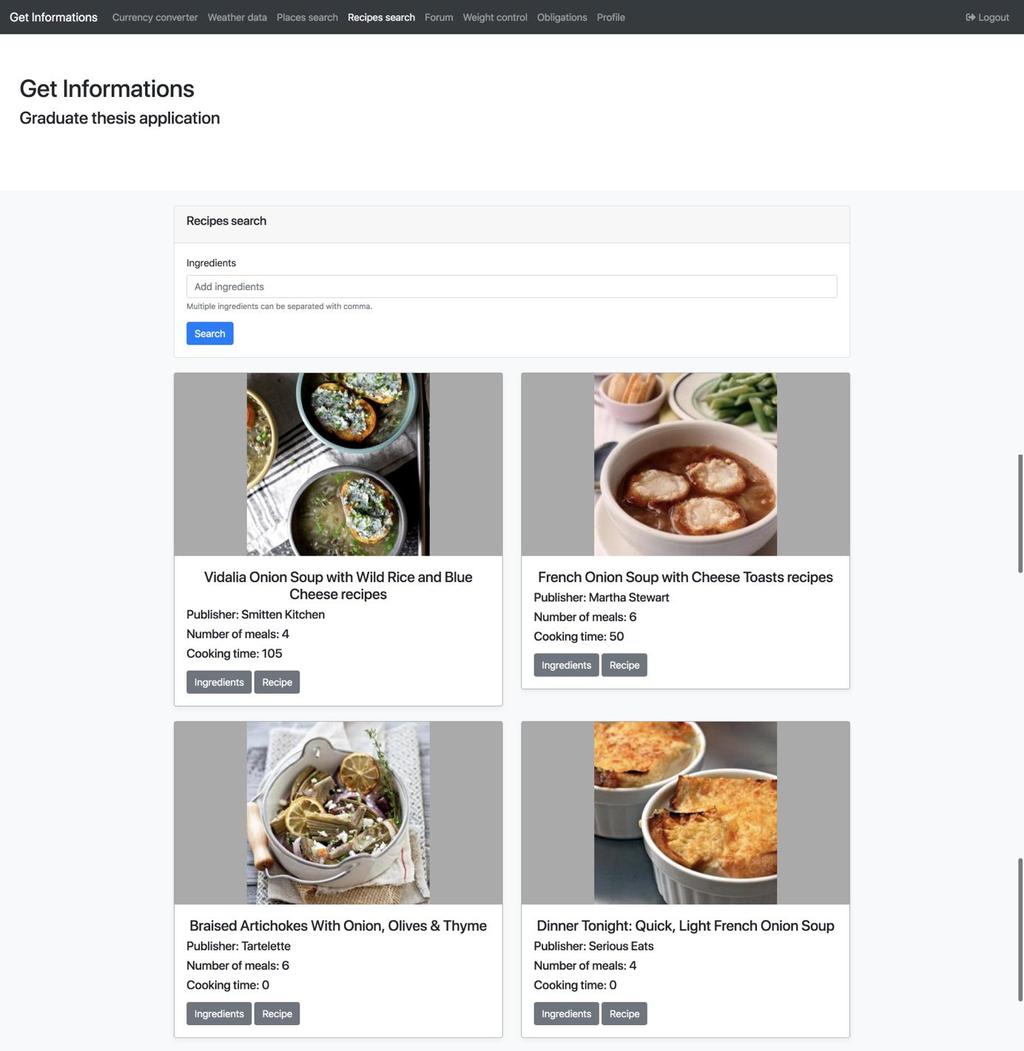 Slika 29: Prikaz rezultata pretrage kulinarskih recepata (Izvor: Izrada autora) Korisniku ne na stranici prikazuje lista kulinarskih recepata prema njegovim željama.