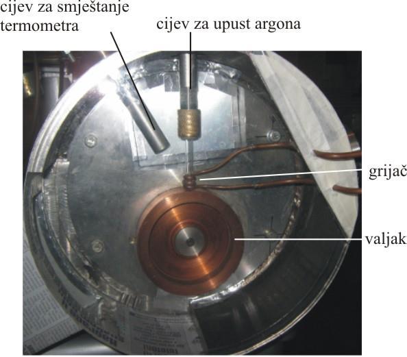 Slika 8. Melt-spinner Dobijena legura u obliku kuglice se ubacuje u kvarcnu epruvetu u kojoj se topi. Kvarcna epruveta ima otvor na dnu, kuda izlazi istopljena legura.