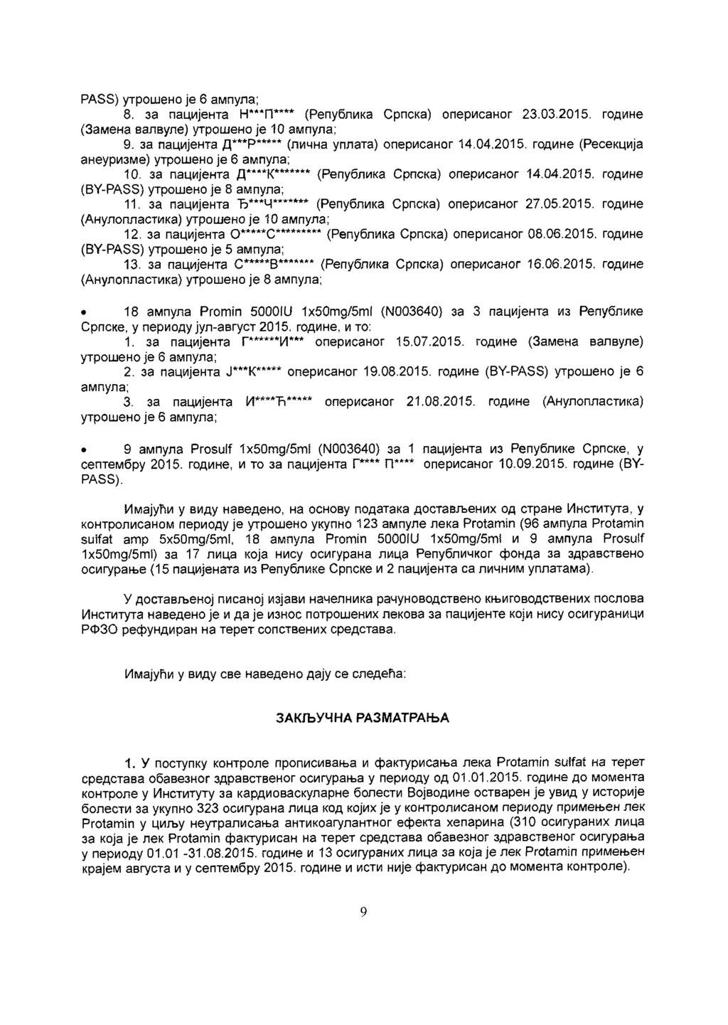 РАбЗ) утшен је 6 апула; 8. а пацијента н***гг*** (Република Спка) пеианг 2.0.2015. гдине (Заена валвуле) утшен је 10 апула; 9. а пацијента д******** (лична уплата) пеианг 14.04.2015. гдине (Реекција анеуие) утшен је 6 апула; 10.