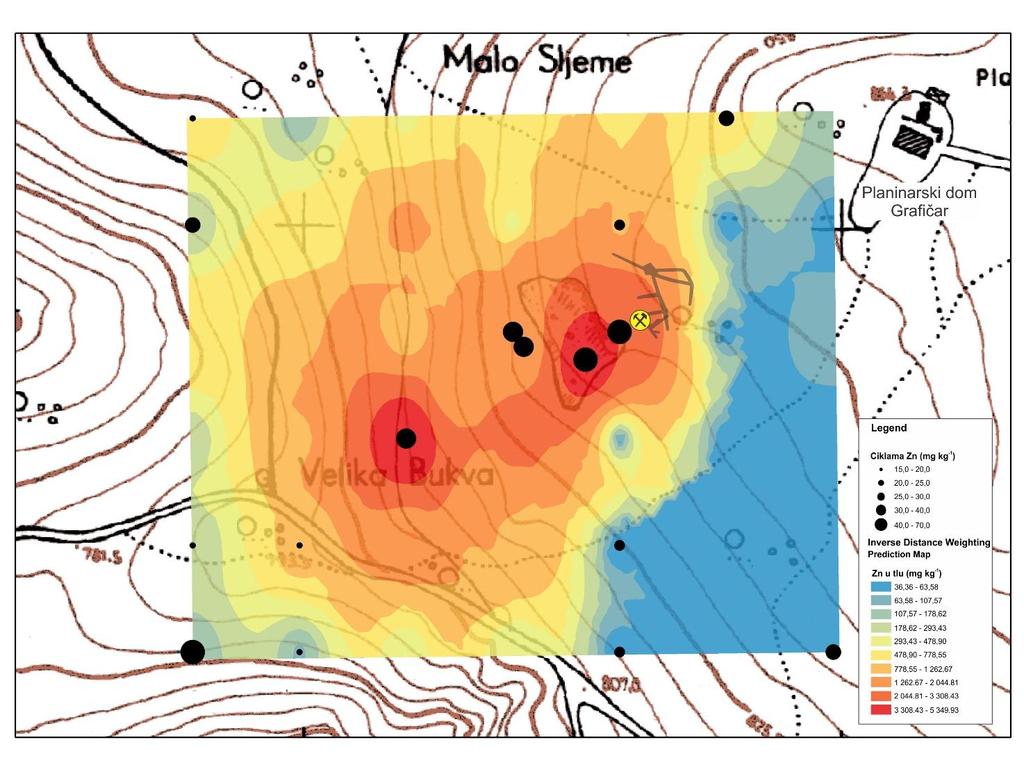 U blizini ulaza u rudnik Zrinski takoďer su utvrďene najviše vrijednosti udjela cinka u površinskom sloju tla koje se, prema predikcijskoj karti prostorne raspodjele (Turk, 2015), kreću u rasponu