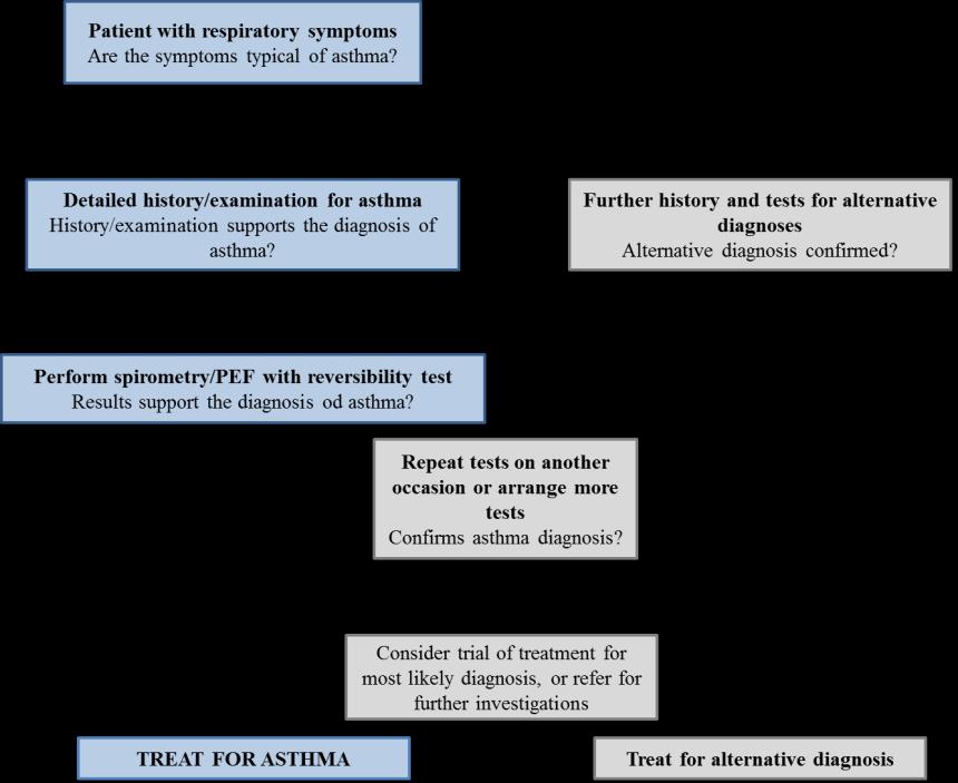 2.4. Diagnosis and assessment of asthma Establising and confirming a diagnosis of asthma can be difficult and challenging, as there is an absence of a gold standard for defining it (or diagnosing)