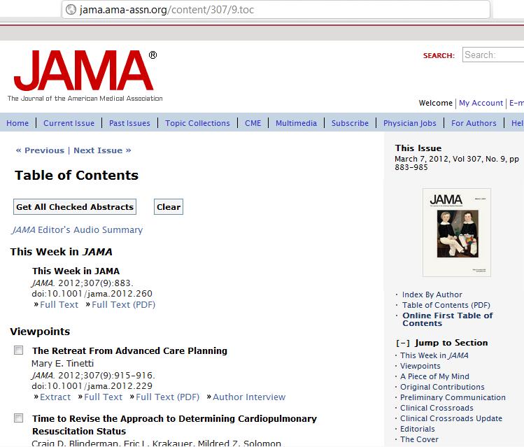 This week in JAMA: 1 Viewpoints: 3 A Piece of My Mind: 1 Original Contributions: 3 Preliminary Communication: 1 Clinical Crossroads: 1 Clinical Crossroads Update: 1 Editorials: 3 The Cover: 1 Poetry