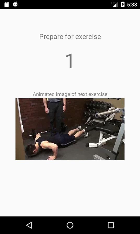 To se realiziralo tako što: korisnik ima 5 sekundi prije prve vježbe da se pripremi za vježbu, za vrijeme kojih mu je prikazana sljedeća vježba (Sl. 3.14.