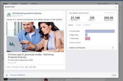 Facebook Rast broja fanova (engl. page likes) Angažman objava (engl. page post engagement) Posjeti web-sjedišta (engl. clicks to website) Konverzije na web-sjedištu (engl.