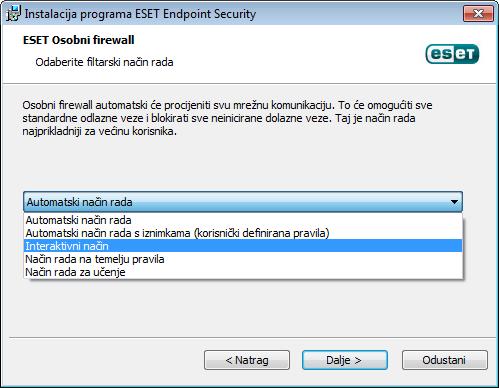 Ta će se lozinka od vas tražiti za pristup ili promjenu postavki programa ESET Endpoint Security. Nakon što se lozinke u oba polja budu podudarale kliknite Dalje za nastavak.