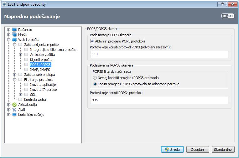 U tom odjeljku možete konfigurirati provjeru protokola POP3 i POP3S.
